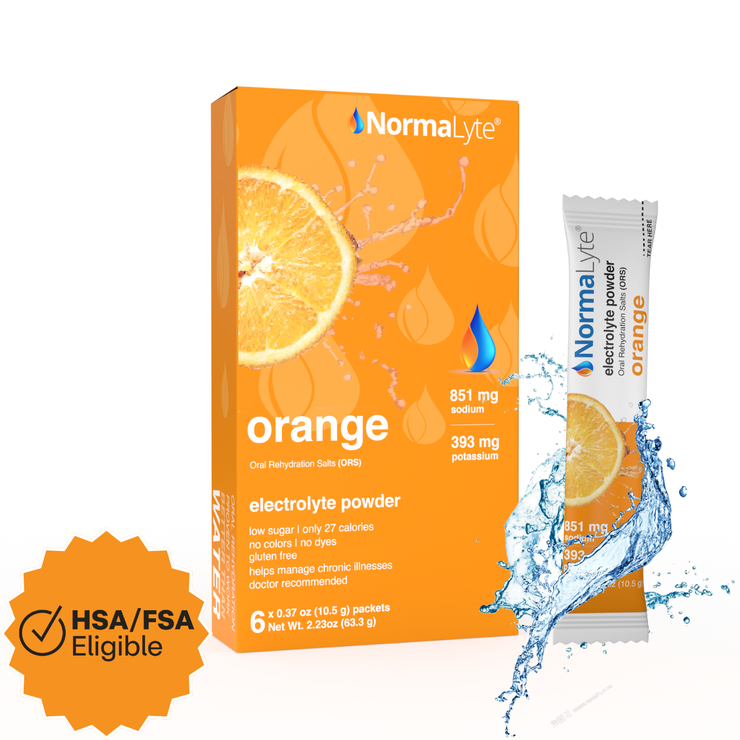 NormalLyte orange electrolyte powder box and single stick packet shown on a white background with a blue water splash graphic and an orange HSA/FSA Eligible badge.