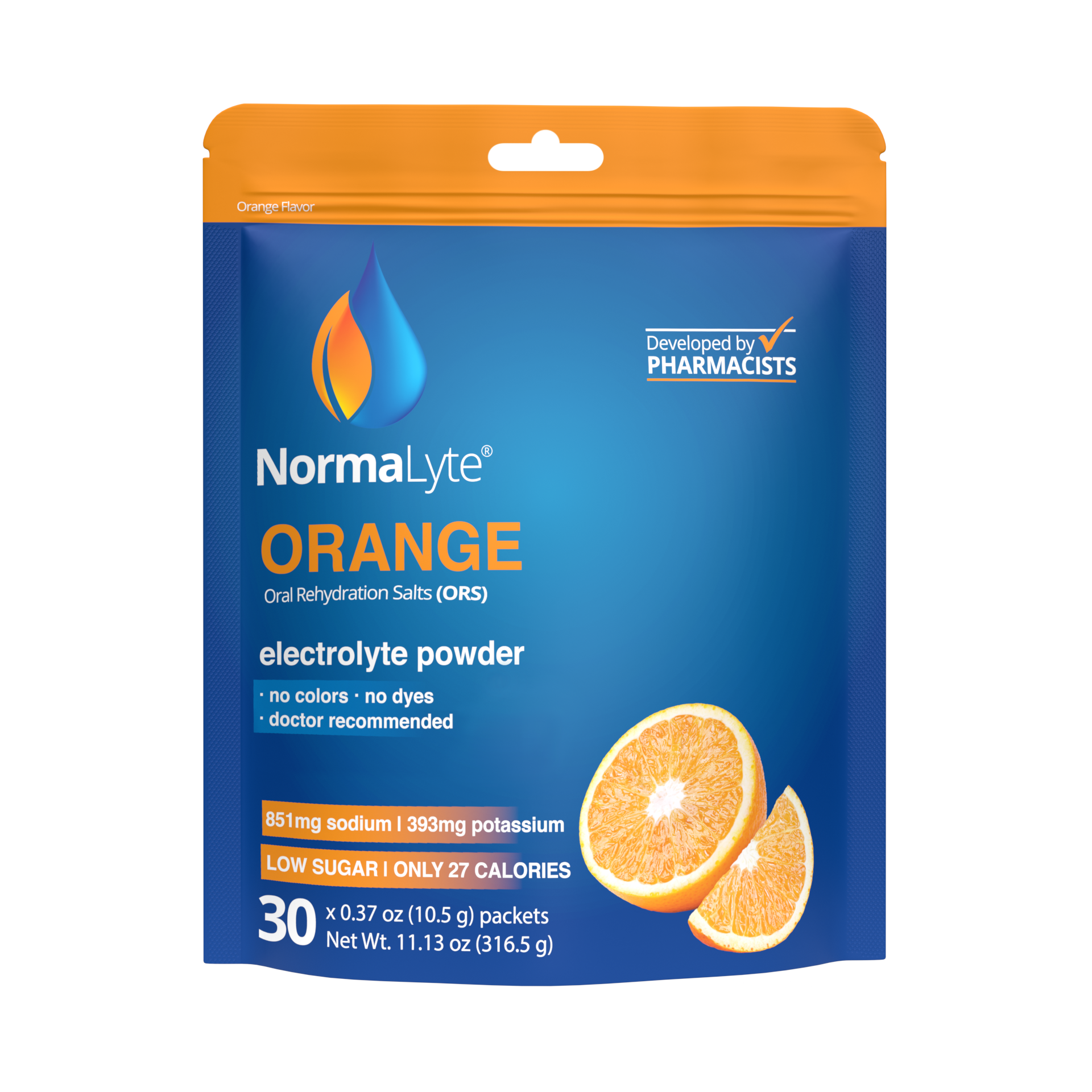 NormaLyte orange oral rehydration salts electrolyte powder 30-packet bag on a clean white background.