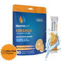 NormaLyte orange oral rehydration salts electrolyte powder 30-pack pouch and stick with HSA FSA eligible badge.