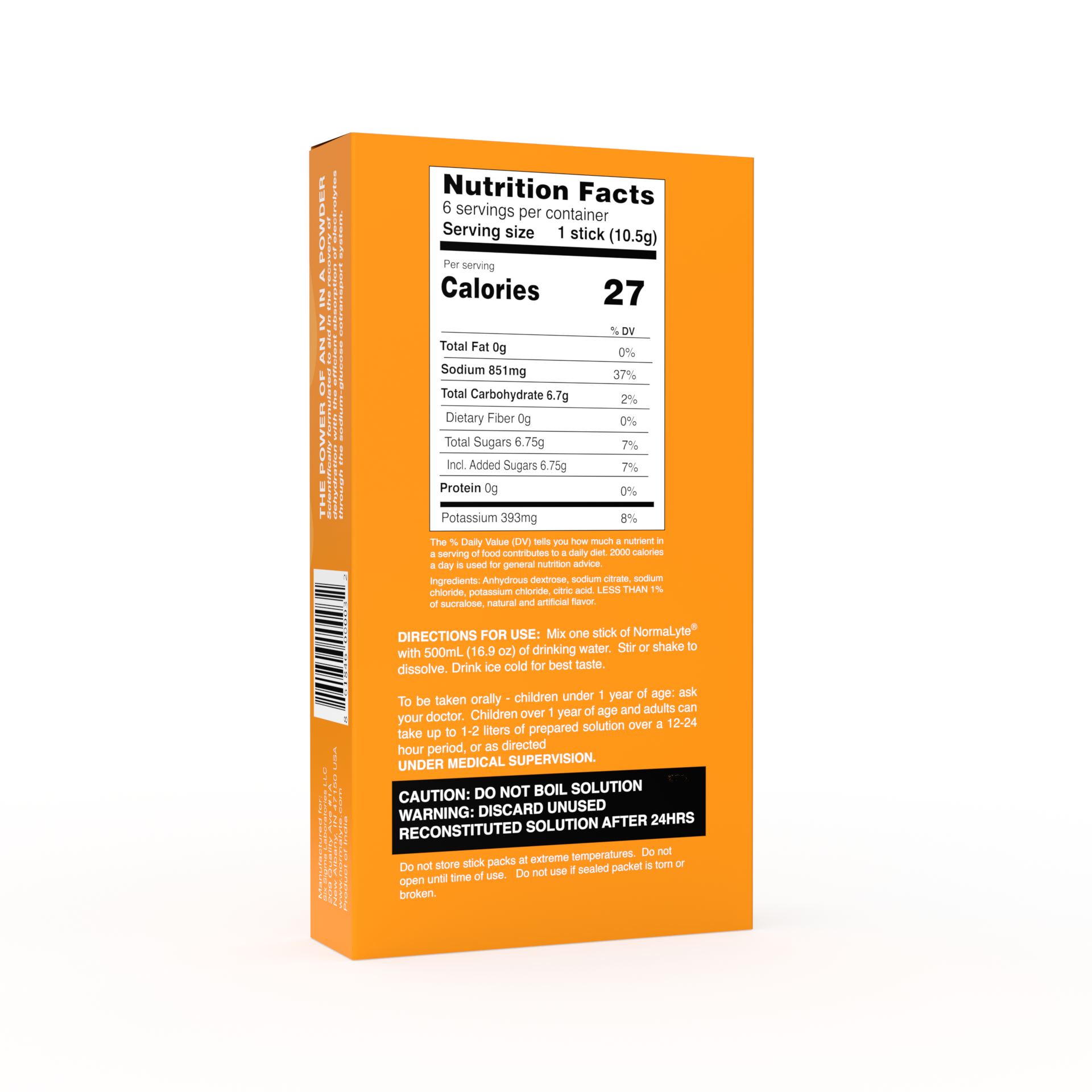 Angled back view of an orange 6-count box of NormaLyte orange flavored electrolyte powder, displaying the Nutrition Facts panel, ingredients list, and directions for use