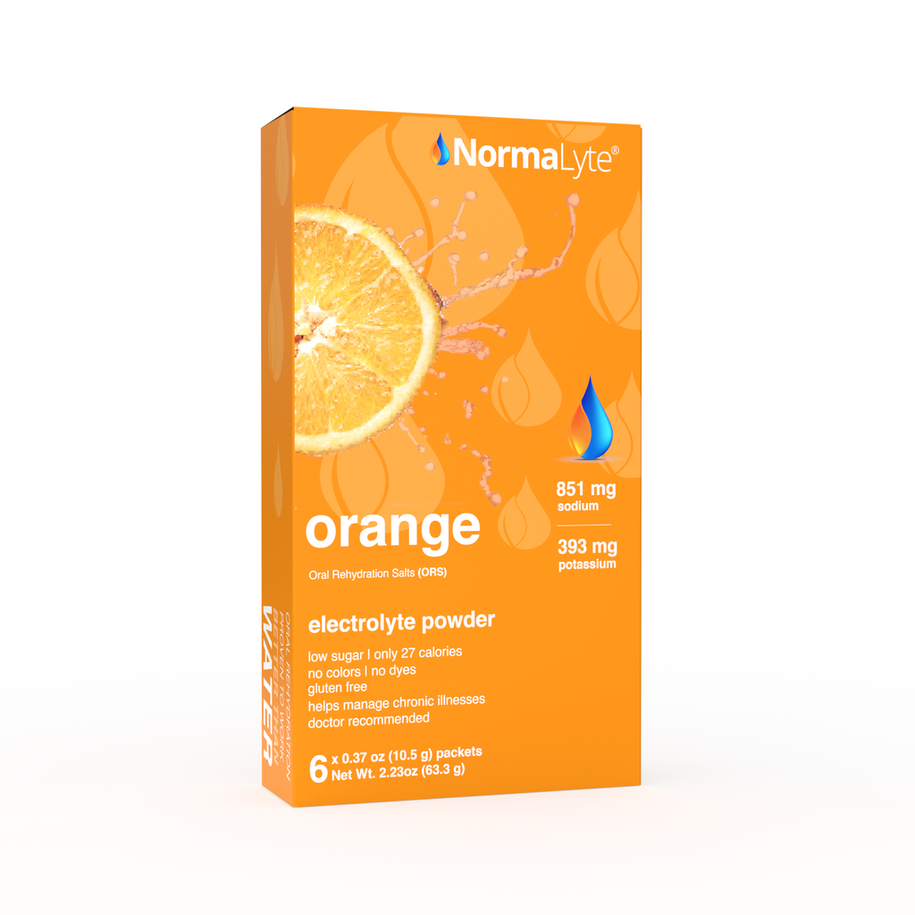 An orange 6-count box of NormaLyte orange flavored electrolyte powder, featuring a graphic of a sliced orange half and a dynamic water splash