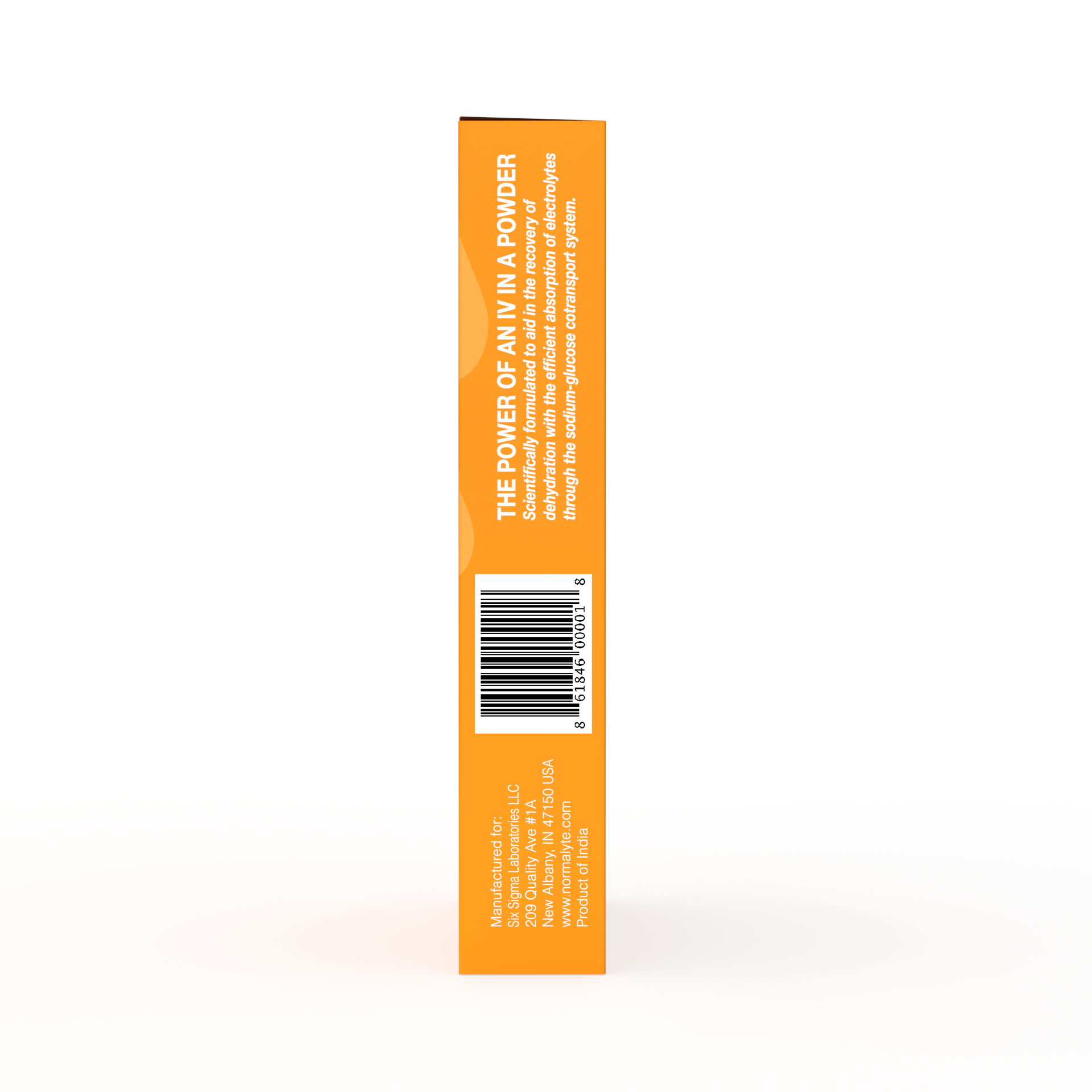 Straight-on side profile of an orange NormaLyte electrolyte powder box, displaying the barcode, manufacturing details, and the text "The power of an IV in a powder"