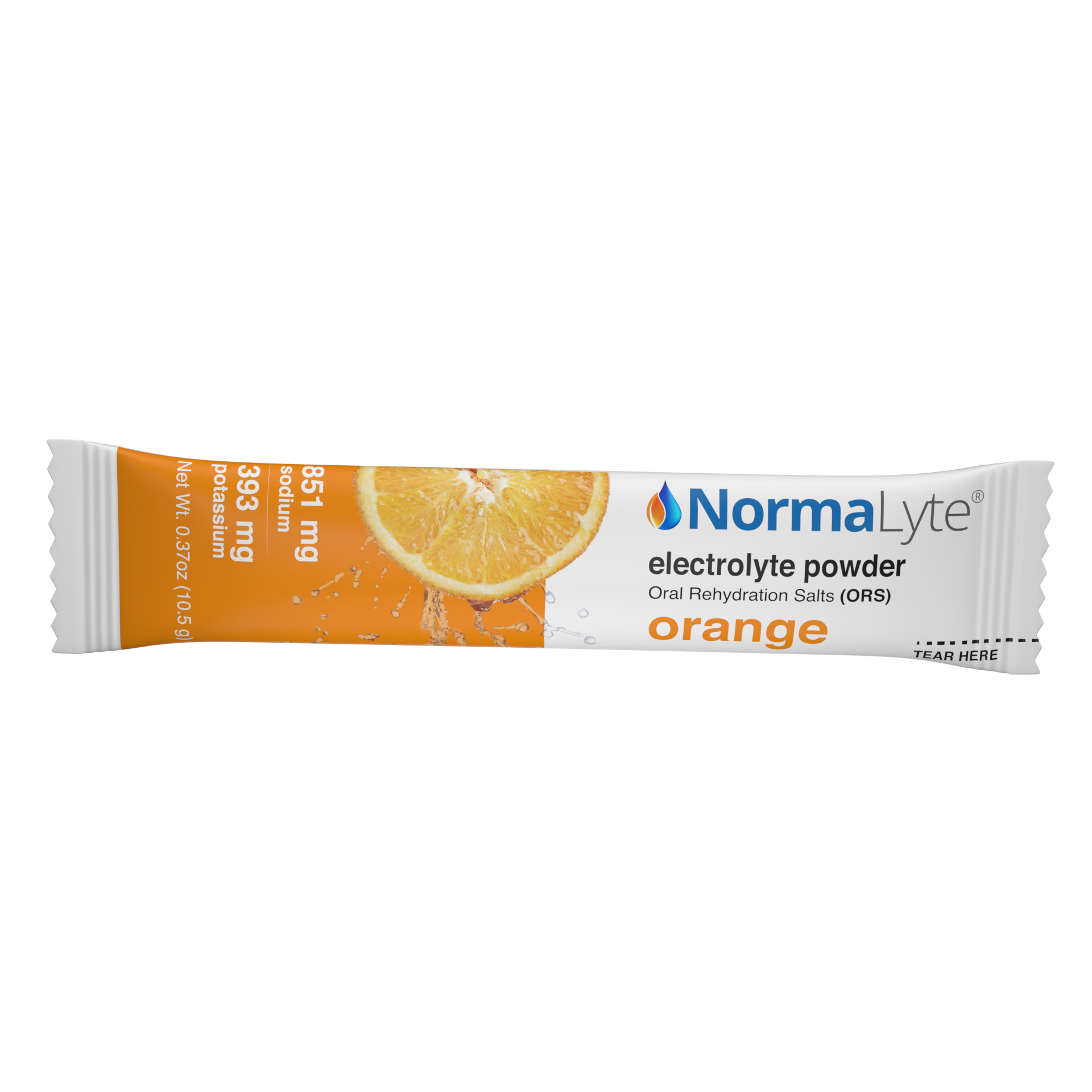 NormaLyte orange oral rehydration salts single-serve electrolyte powder stick pack.