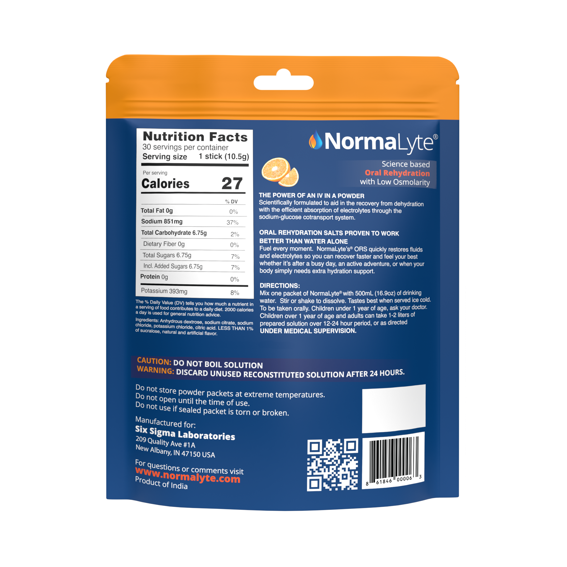 Back label of NormaLyte orange pouch showing full nutrition facts, directions for use, and manufacturing details.
