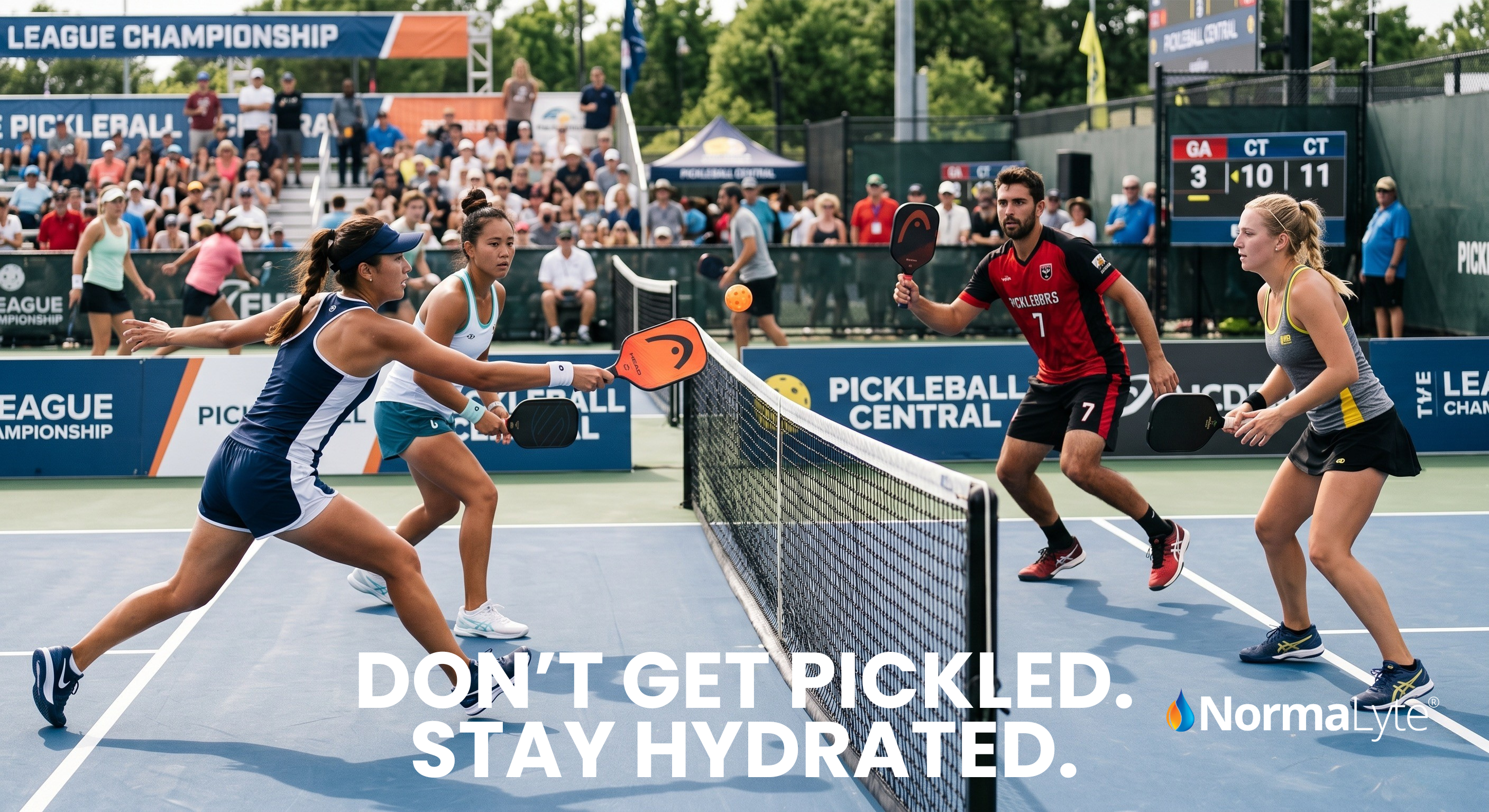 NormaLyte sports banner—pickleball match with four players and crowd; text “DON’T GET PICKLED. STAY HYDRATED.” electrolyte hydration support