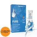 NormalLyte Pure electrolyte powder box and single stick packet on a white background with water splash graphics and an orange HSA/FSA Eligible badge.