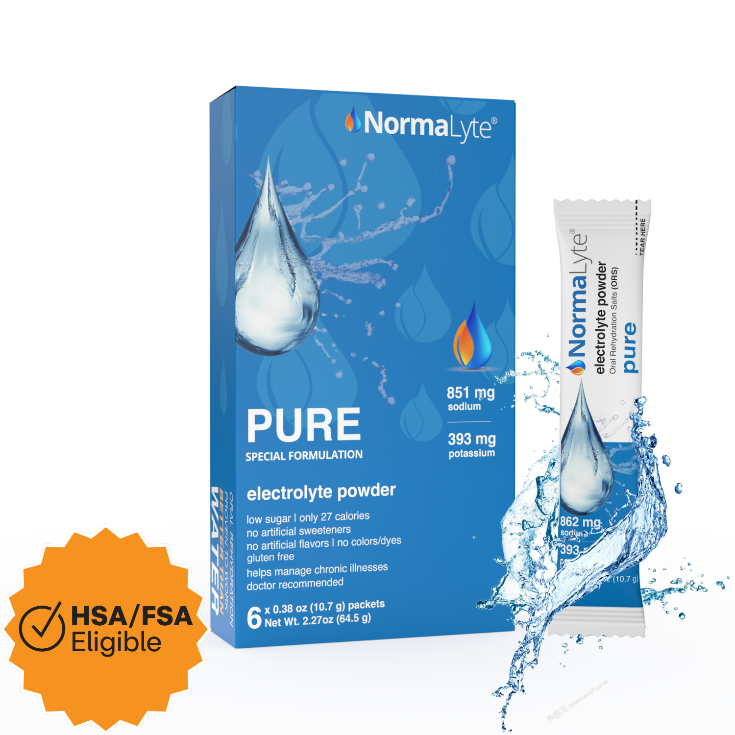 NormalLyte Pure electrolyte powder box and single stick packet on a white background with water splash graphics and an orange HSA/FSA Eligible badge.
