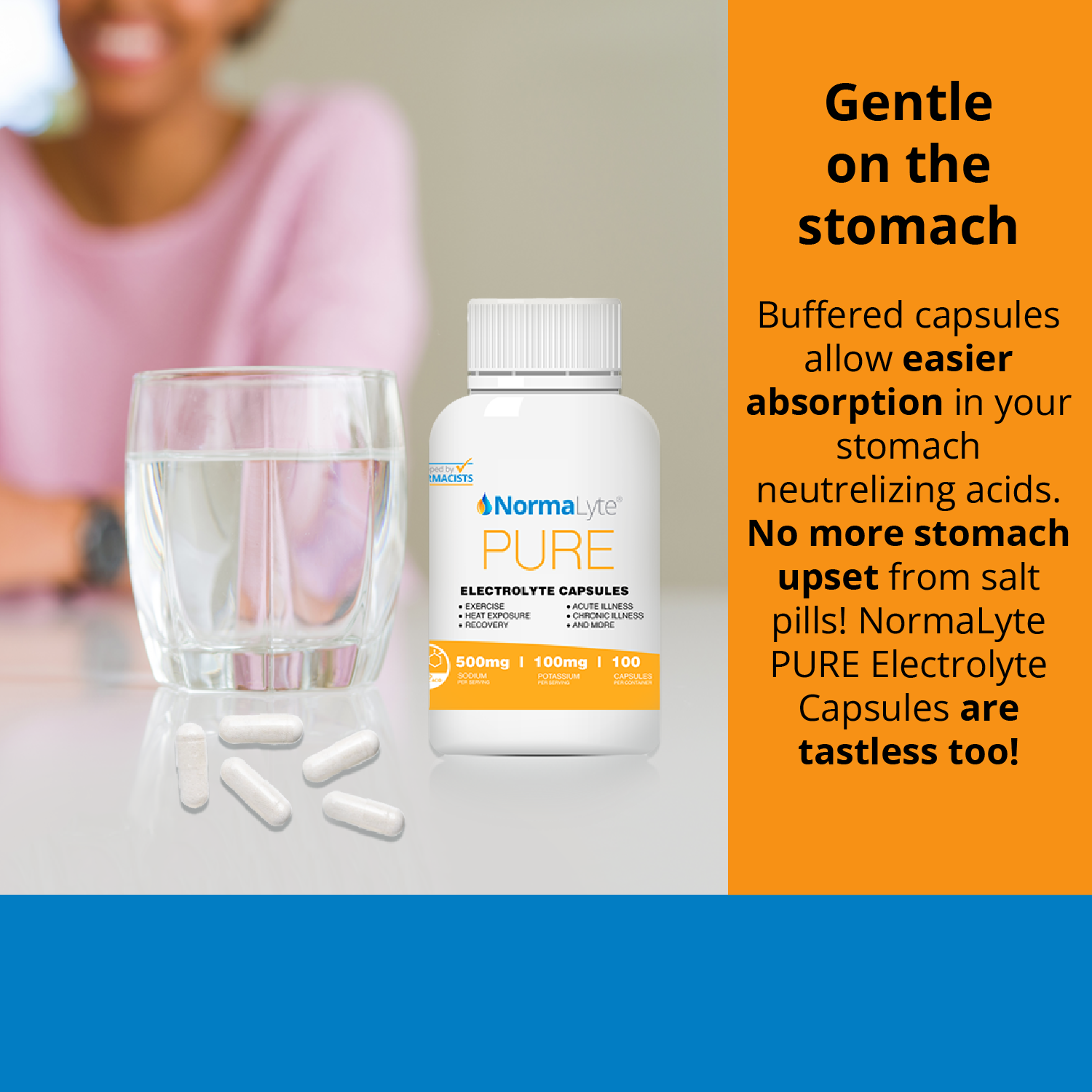 A bottle of NormaLyte PURE Electrolyte Capsules next to a glass of water and loose capsules, alongside an orange graphic explaining that the buffered, tasteless pills are gentle on the stomach and prevent upset