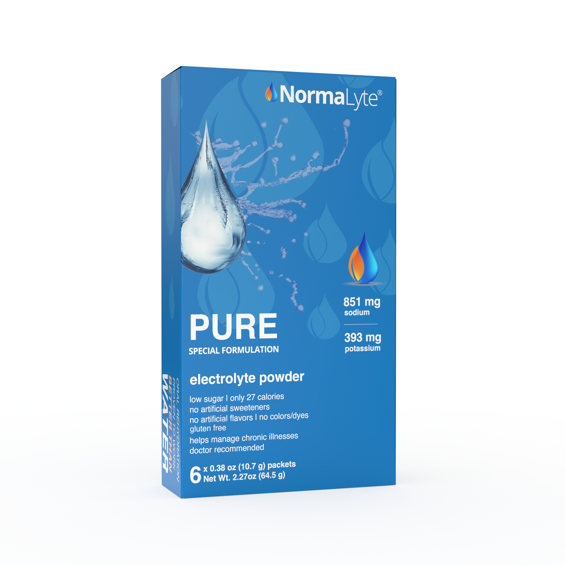 A blue 6-count box of NormaLyte PURE unflavored electrolyte powder, featuring a graphic of a large clear water droplet and a dynamic water splash