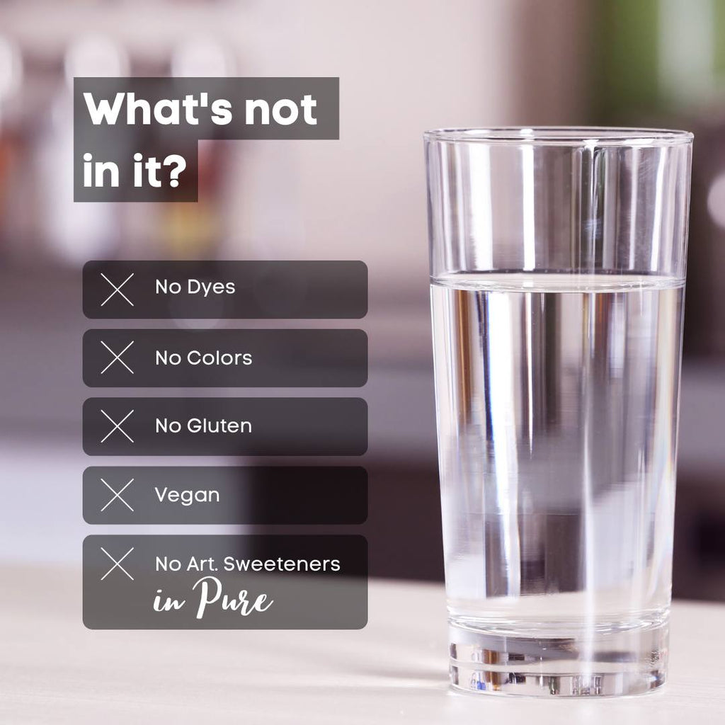 A clear glass of water next to a graphic titled "What's not in it?" highlighting the clean ingredients of NormaLyte electrolyte powder: no dyes, no colors, no gluten, vegan, and no artificial sweeteners in the Pure formula.