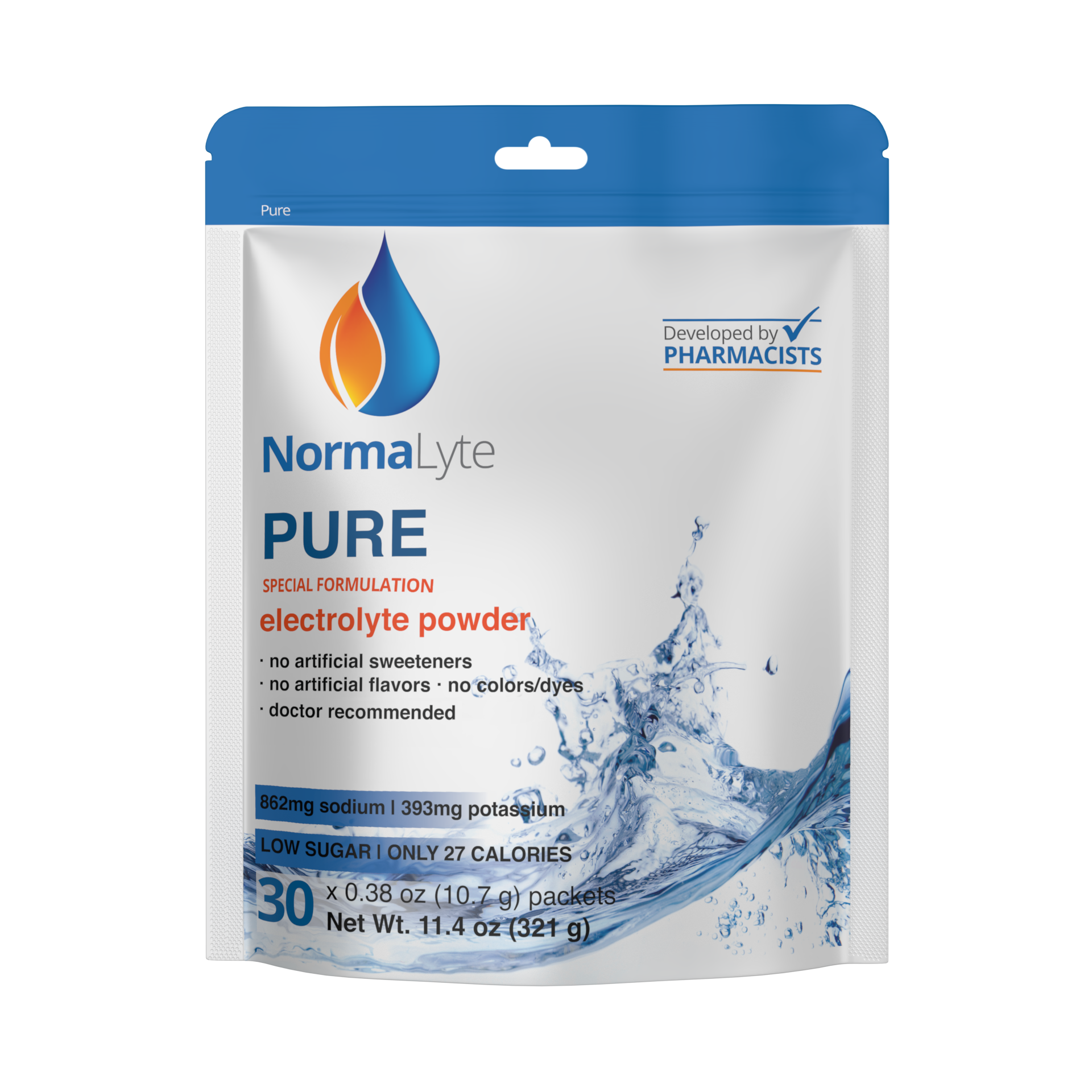 NormaLyte PURE unflavored oral rehydration salts electrolyte powder 30-packet bag on a clean white background.