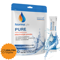 NormaLyte PURE unflavored oral rehydration salts electrolyte powder 30-pack pouch and stick with HSA FSA eligible badge.