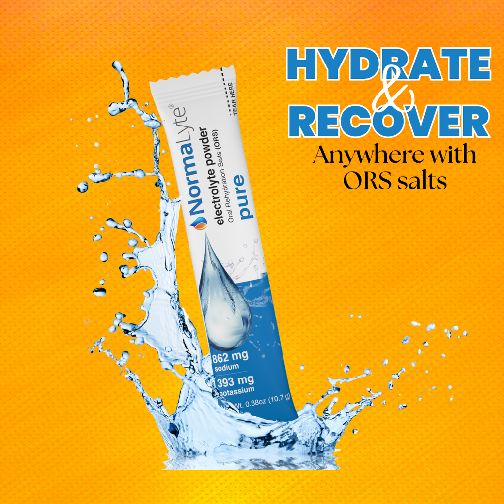 A stick pack of NormaLyte Pure electrolyte powder splashing into water against a bright orange background with the text "Hydrate & Recover Anywhere with ORS salts", perfect for managing POTS and dysautonomia hydration