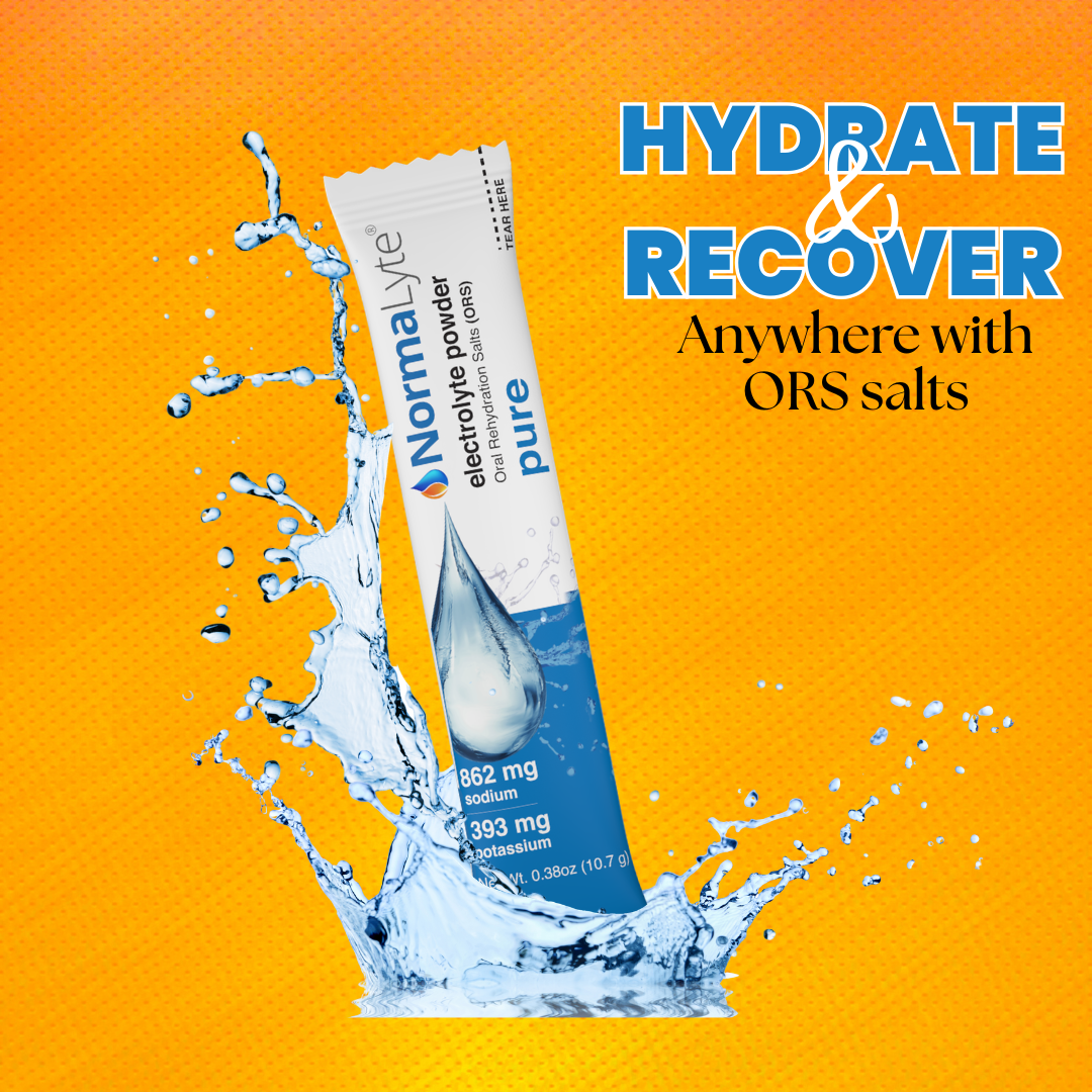 A stick pack of NormaLyte Pure electrolyte powder splashing into water against a bright orange background with the text "Hydrate & Recover Anywhere with ORS salts", perfect for managing POTS and dysautonomia hydration