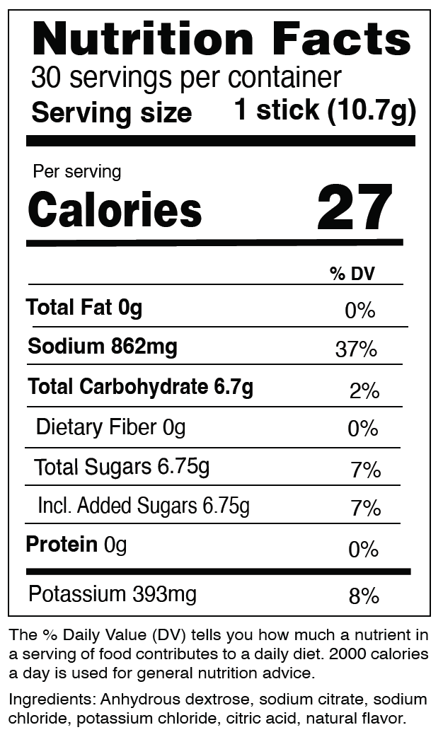 NormaLyte PURE unflavored nutrition facts label and clean ingredients list panel for oral rehydration powder sticks.