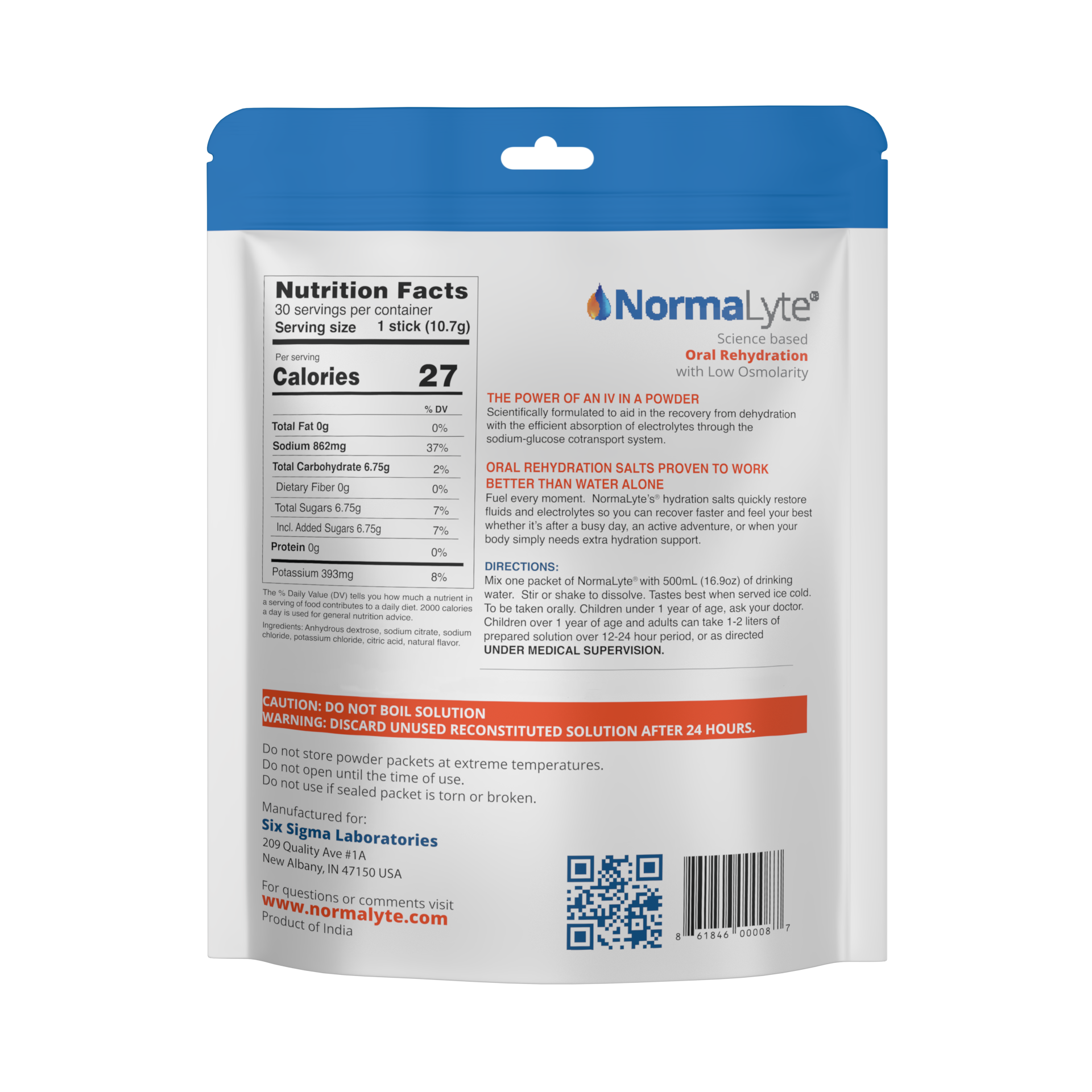 Back label of NormaLyte PURE unflavored pouch showing full nutrition facts, directions for use, and manufacturing details.