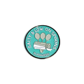 Round teal NormaLyte enamel lapel pin featuring a salt shaker pouring salt over three spoons, surrounded by the text "Salty & Low on Spoons"