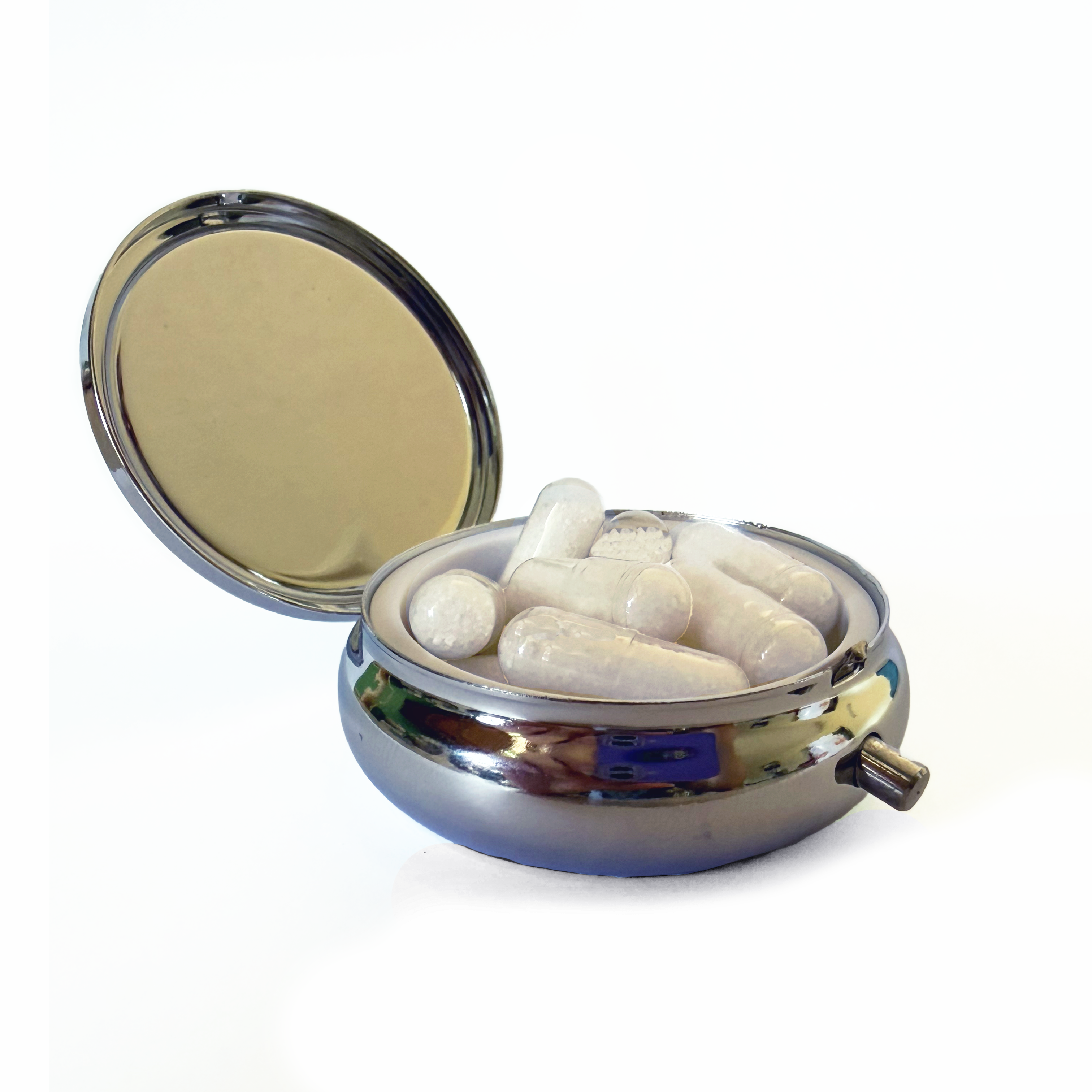 Open NormaLyte Salty & Low on Spoons metal pill tin filled with clear capsules, showing the reflective inner lid