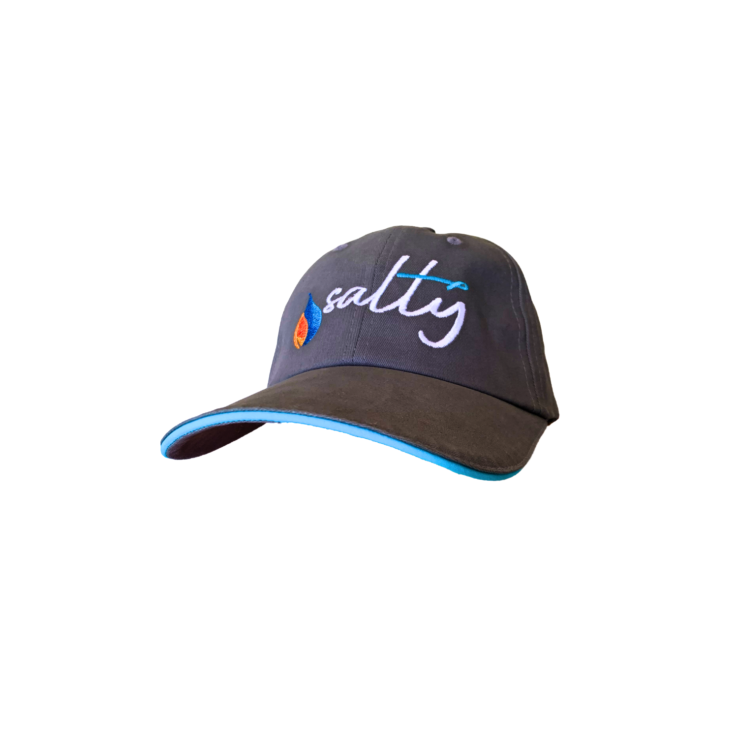 Dark gray NormaLyte baseball cap with teal trim, featuring the embroidered word salty and a teal awareness ribbon