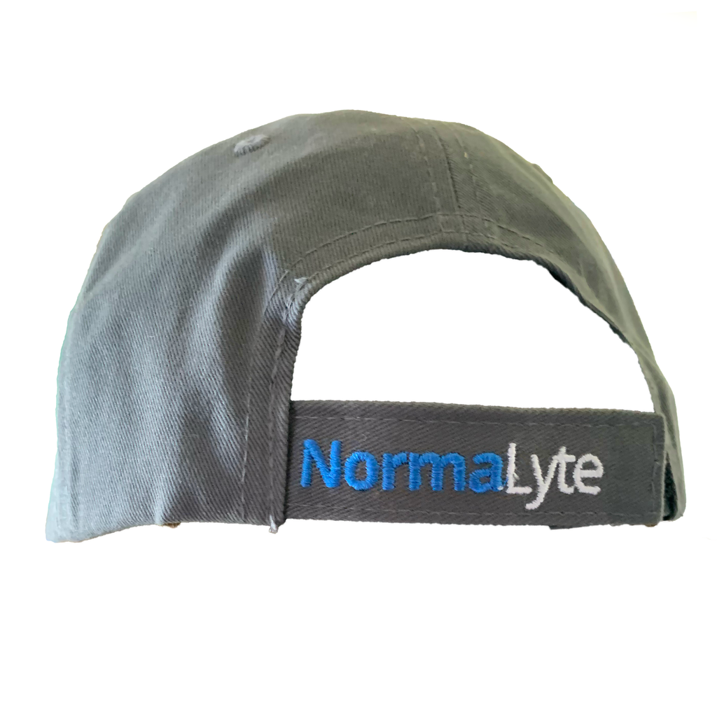 Back view of the dark gray NormaLyte baseball cap, highlighting the adjustable back strap with the brand name embroidered in blue and white