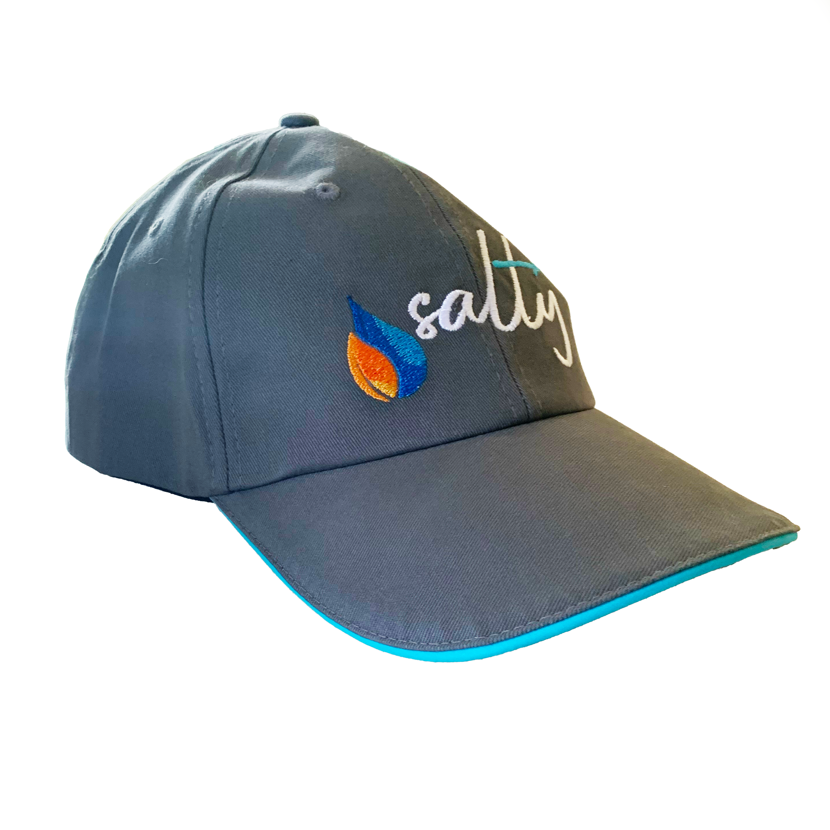 Angled view of the dark gray NormaLyte baseball cap with teal trim, highlighting the embroidered brand logo and the word salty with a teal awareness ribbon