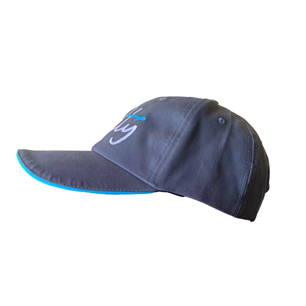 Side profile of the dark gray NormaLyte baseball cap, highlighting the bright teal trim along the edge of the brim and the side of the embroidered salty design