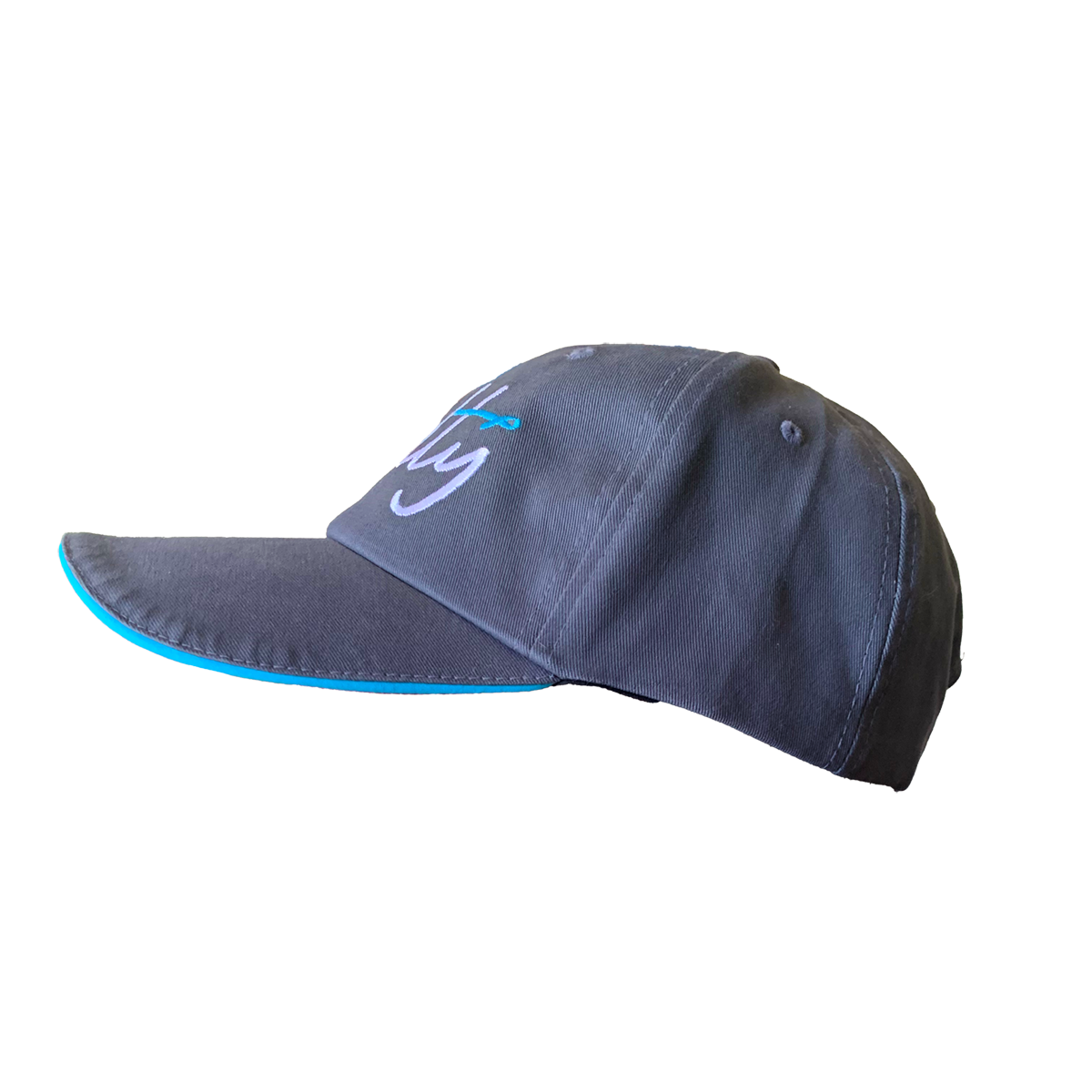 Side profile of the dark gray NormaLyte baseball cap, highlighting the bright teal trim along the edge of the brim and the side of the embroidered salty design