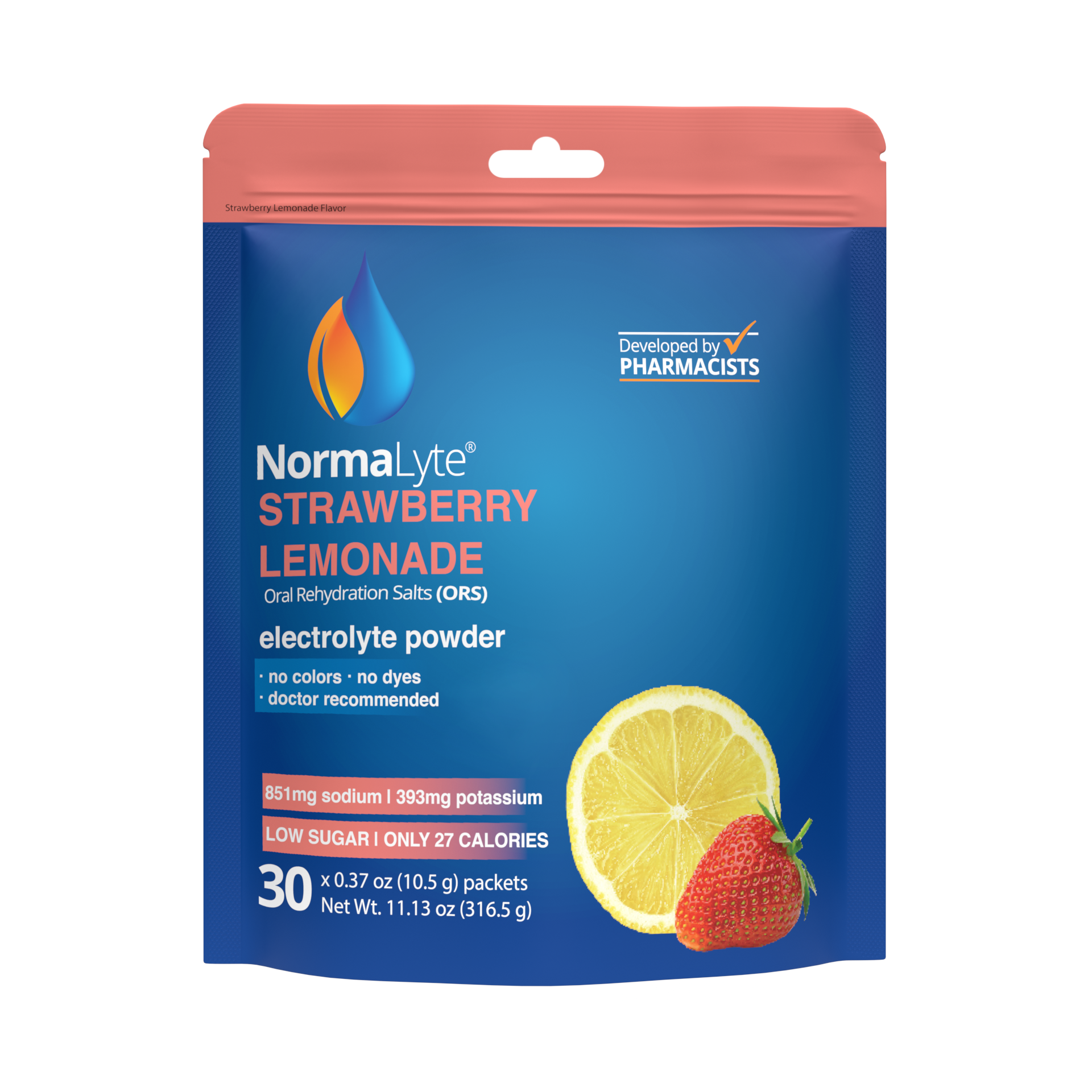 NormaLyte Strawberry Lemonade oral rehydration salts electrolyte powder 30-packet bag on a clean white background.
