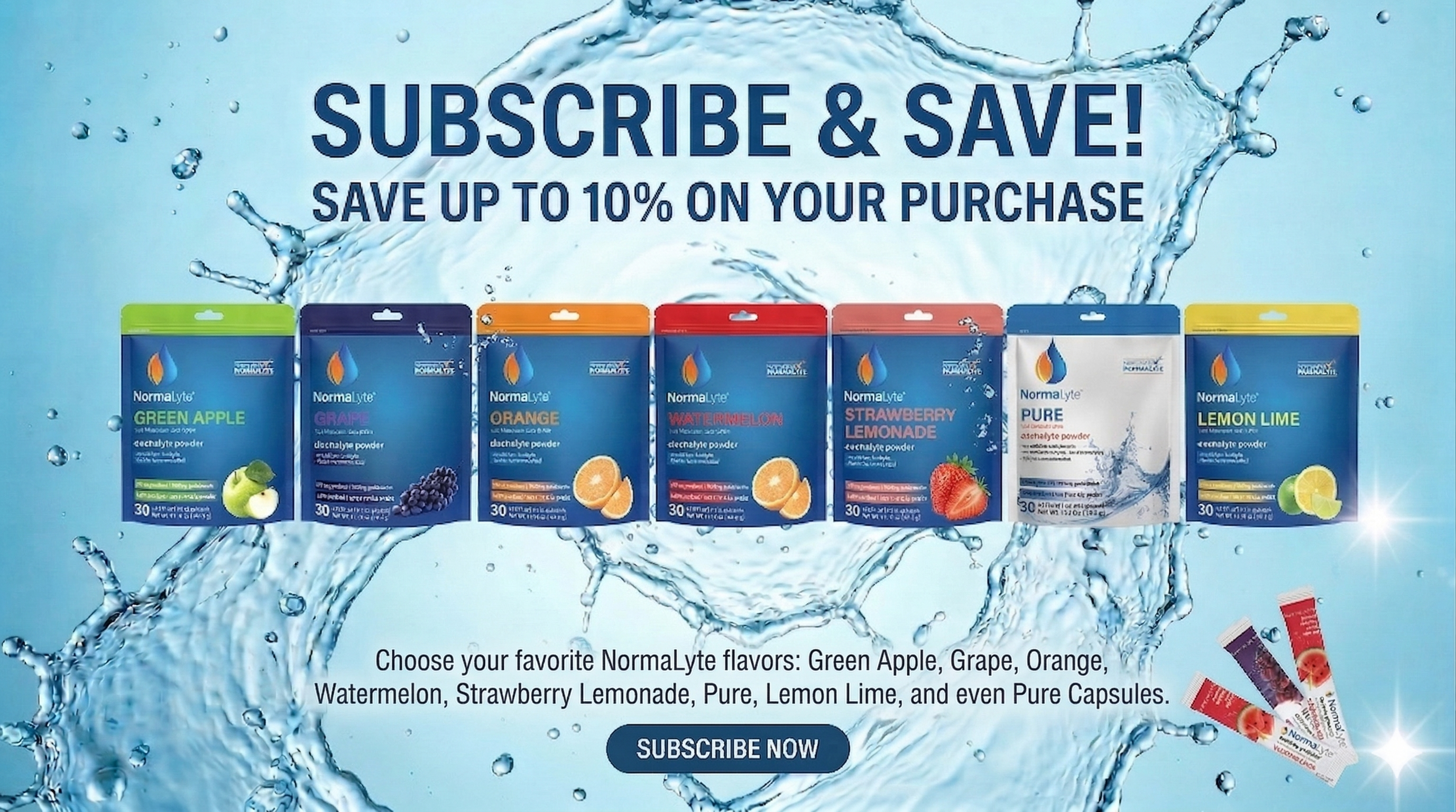 NormaLyte subscribe & save banner—six electrolyte powder pouches on water splash background; save an additional 10% on your purchase