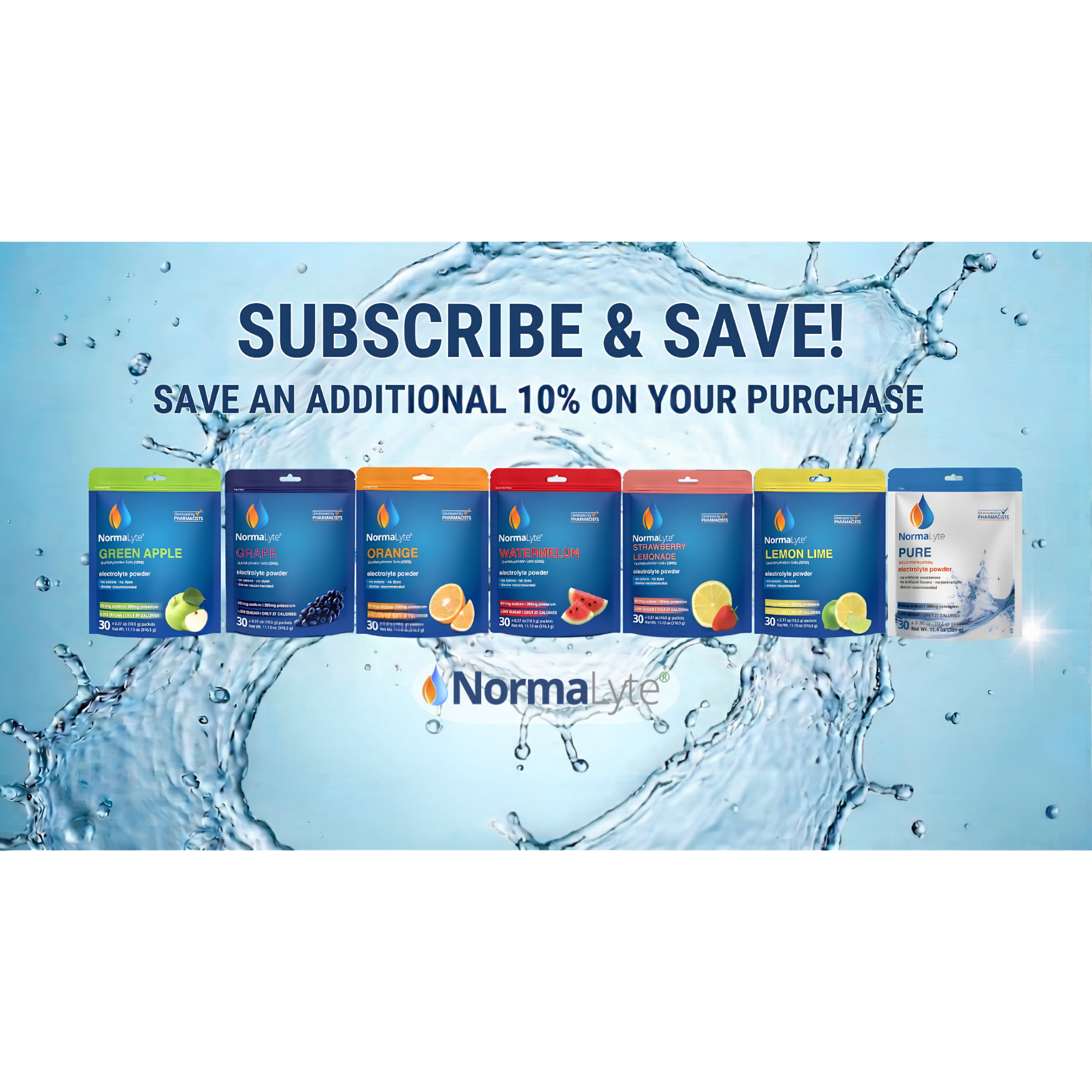 NormaLyte subscribe & save banner—six electrolyte powder pouches on water splash background; save an additional 10% on your purchase