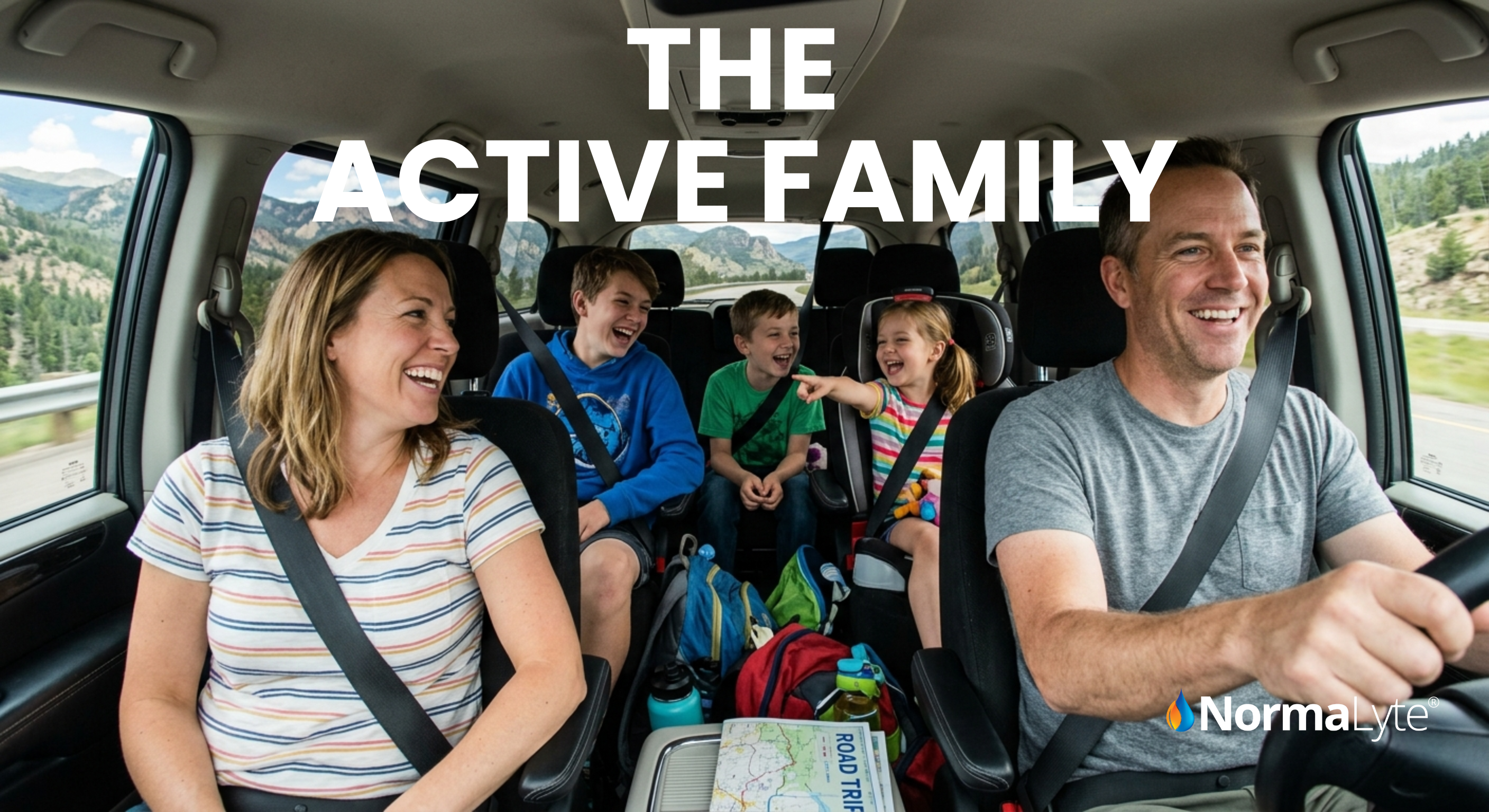 NormaLyte lifestyle banner—smiling family of five in a car with text “THE ACTIVE FAMILY”; road-trip travel hydration theme