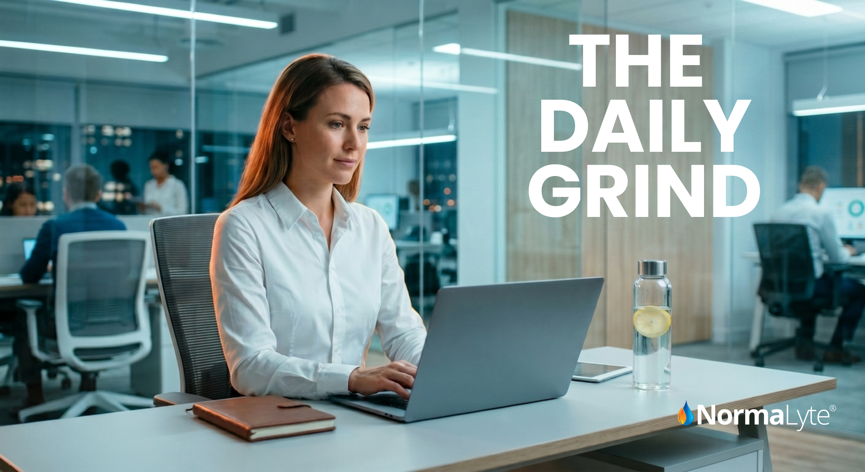 NormaLyte lifestyle banner—woman working at a laptop in a modern office with “THE DAILY GRIND” text; workplace hydration theme
