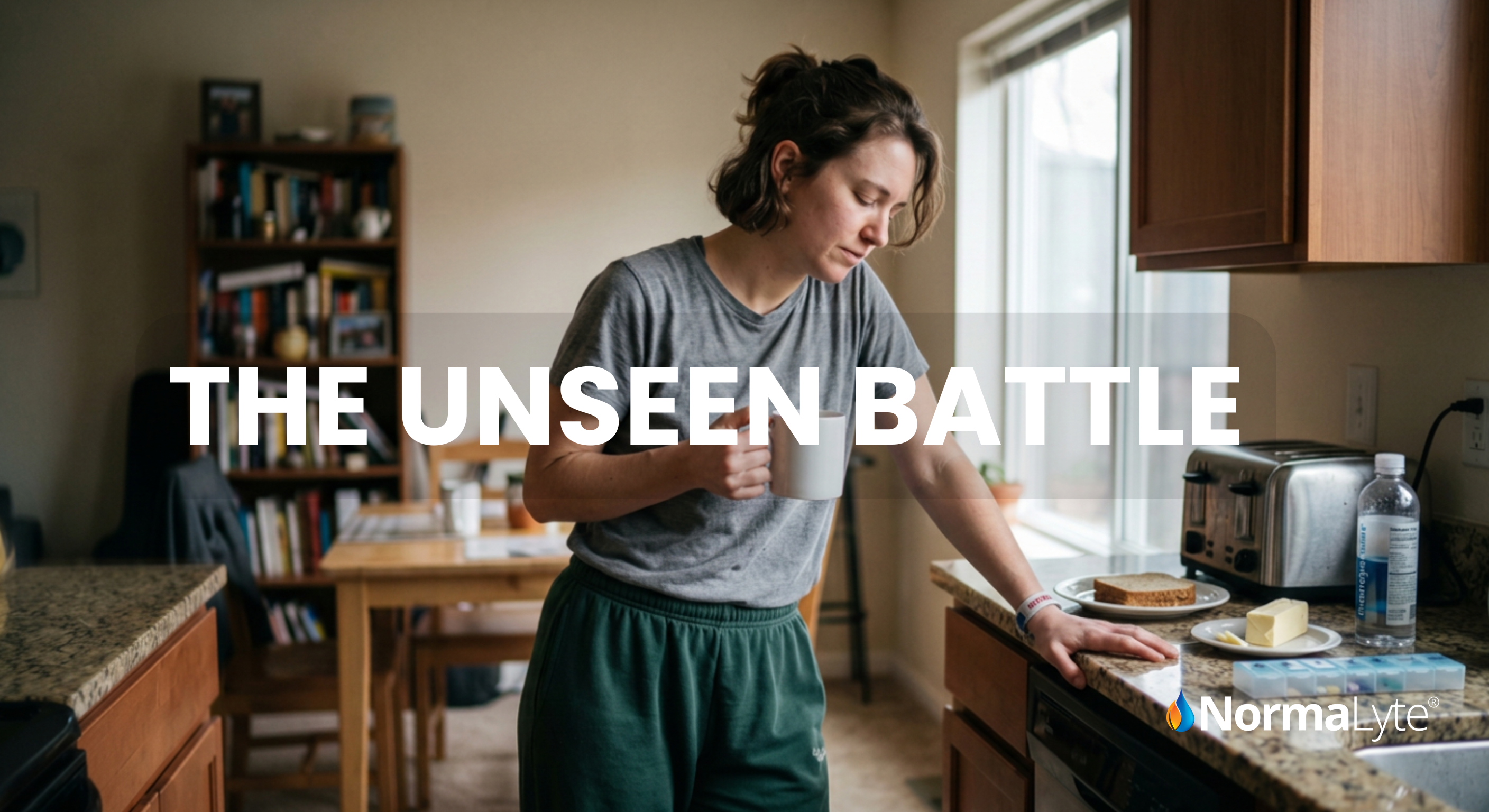 NormaLyte awareness banner—woman holding a mug in a kitchen with large text “The Unseen Battle”; lifestyle hydration theme