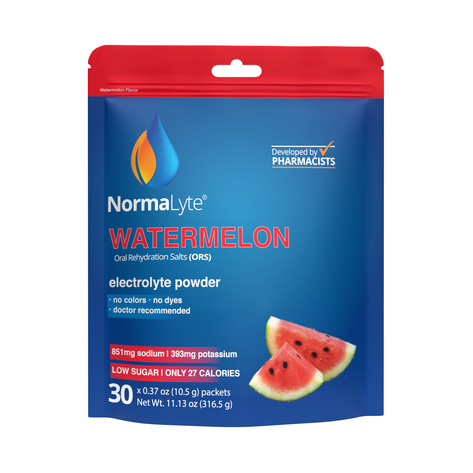 NormaLyte watermelon oral rehydration salts electrolyte powder 30-packet bag on a clean white background.