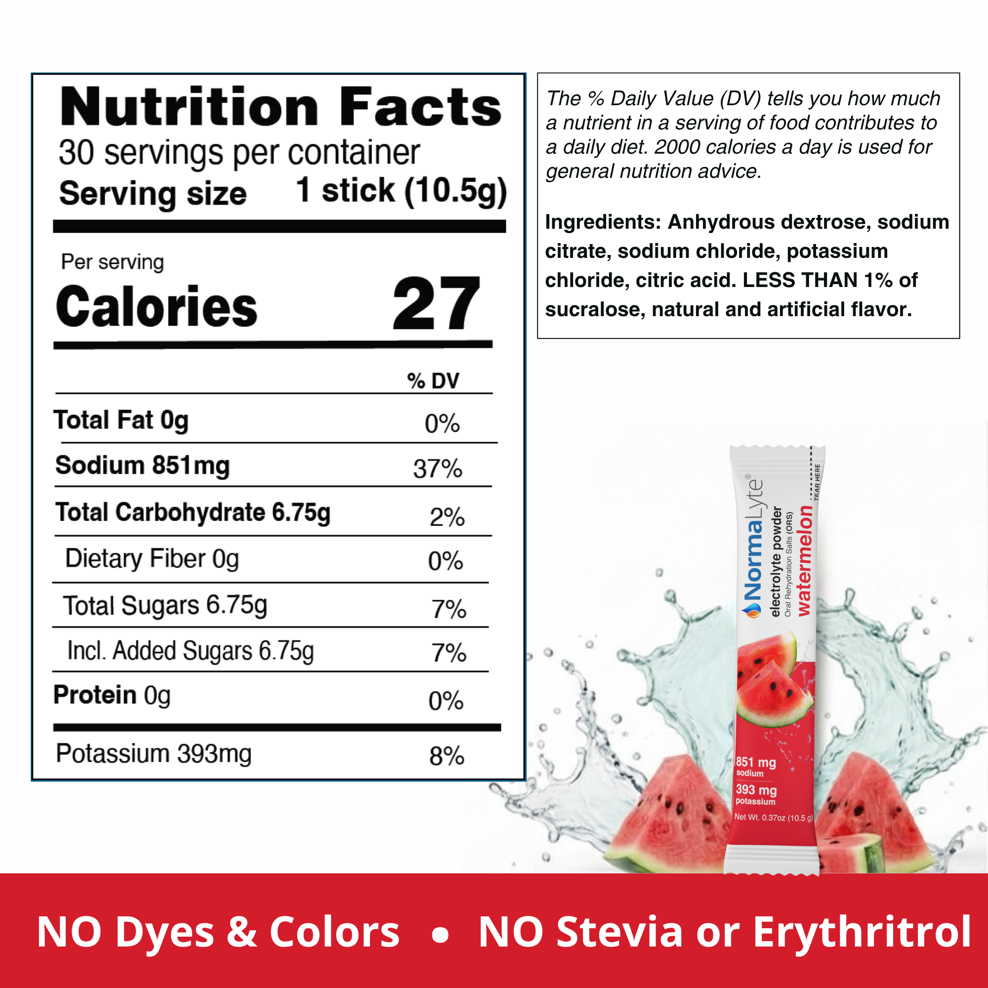 NormaLyte watermelon nutrition facts label and clean ingredients panel for oral rehydration powder sticks.