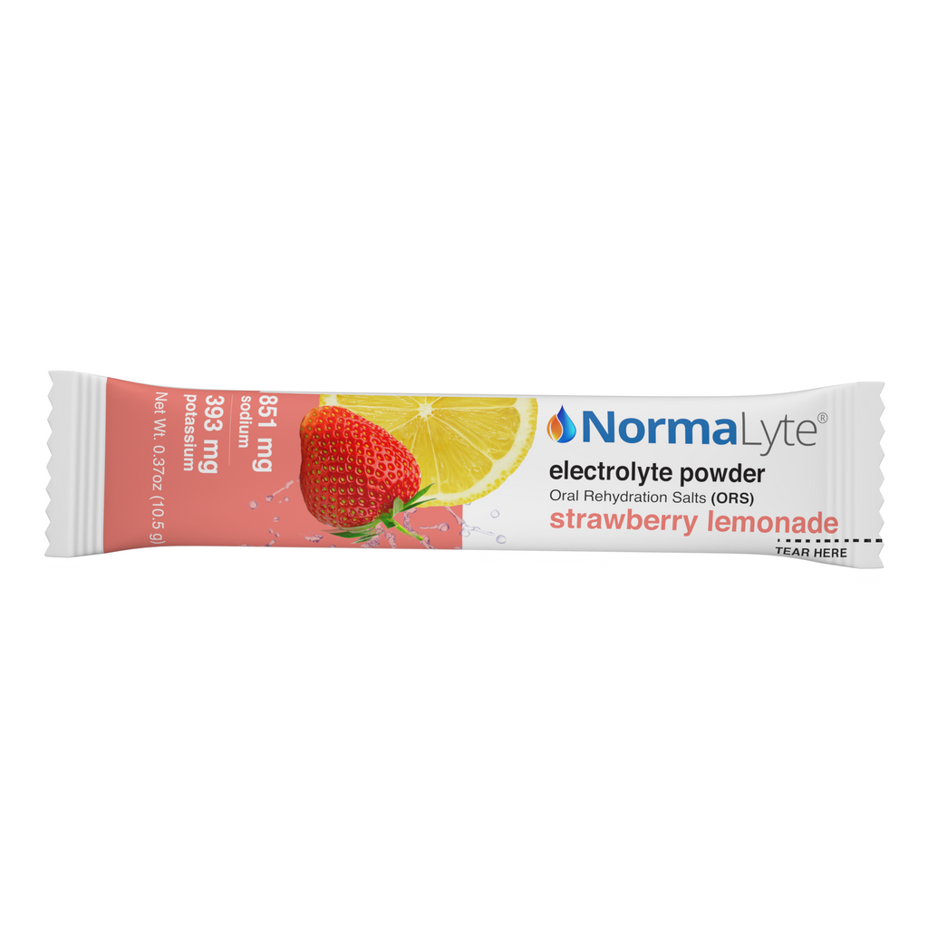 Normalyte strawberry lemonade electrolyte powder package on a white background