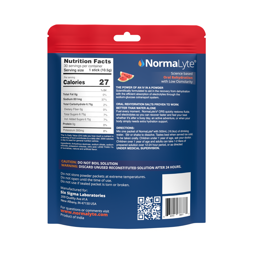 NormaLyte powder packet with nutrition facts and usage instructions on a white background
